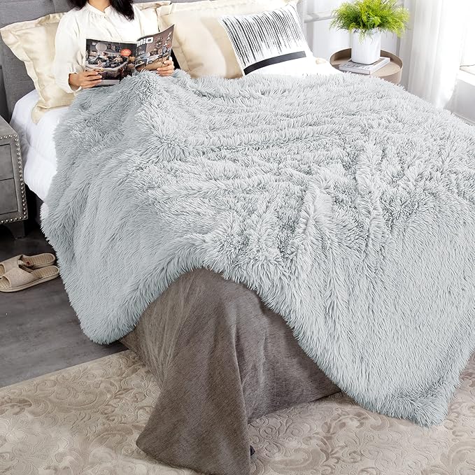 JONIYEAR Oversized Decorative Fluffy Faux Fur Throw Blanket Twin Size 60" x 71",Soft Large Luxury Lightweight Furry Blanket, Accent Cozy Shaggy Plush Thick Warm Fuzzy Blankets for Winter Bed Sofa,Grey
