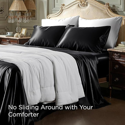 Bedsure Black Satin Sheets Full Size - 4 Piece Silky Bedsheets with 15 Inches Deep Pocket Fitted Bedsheet,1 Flat Sheet, 2 Satin Pillowcases, Good for Hair & Skin (Full, Black)