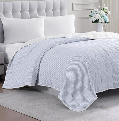 Casa Platino Bed Blanket Full Size - Pre Washed - Soft & Lightweight Blankets - All Season - Premium Reversible Down Alternative Blanket - Ticking Stripe Blue, White