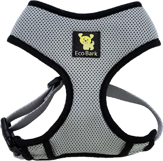 EcoBark Gray Dog Harness - Eco-Friendly Max Comfort Harnesses - Luxurious Soft Mesh Halter - Over The Head Harness Vest- No Pull and No Choke