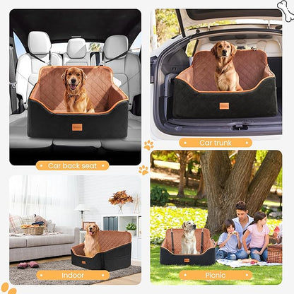 Dog Car Seat for Small Dog with Washable Mat, Memory Foam Booster Seat for Dogs Under 55lb, Elevated Pet Seat with Pockets, Anti-Slip Bed for Car, Perfect for Back Seats & Trunk with 2 Safety Leashes