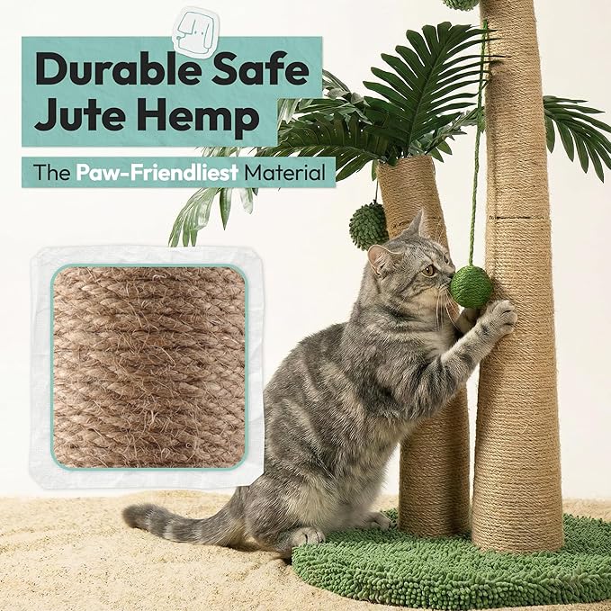 33" Tall Cat Scratching Post, Natural Jute Cat Scratcher for Indoor Cats, Double Coconut Tree Design with Hanging Toy Ball & Rest Platform,Stable Furniture Protector for Kittens & Adult Cats,M