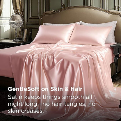 Bedsure Pink Satin Sheets Queen Size - 4 Piece Silky Bedsheets with 15 Inches Deep Pocket Fitted Bedsheet,1 Flat Sheet, 2 Satin Pillowcases, Good for Hair & Skin (Queen, Peach Pink)
