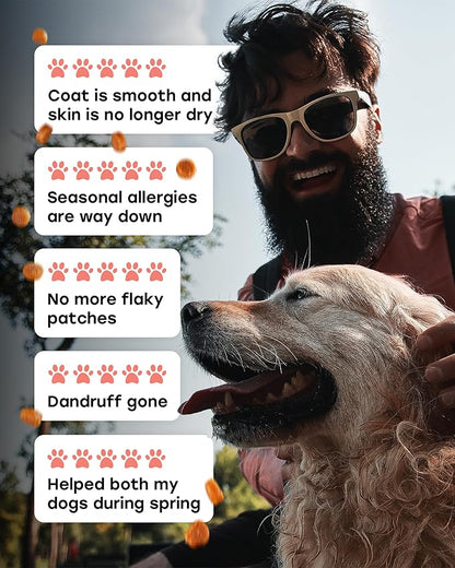 Omega 3 & 6 Dog Skin & Coat Chews – Wild Salmon Oil, Biotin, Zinc & Vitamin E – Supports Dry Itchy Skin, Shedding & Healthy Coat – PhD-Endorsed, Made in USA, 140 Chews, Salmon Flavor