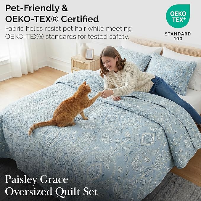 Southshore Fine Living, Inc. Boho Quilt Set, Lightweight Bedspread for Summer, Coverlet King Size, Paisley Bedding Set with Two Matching Pillow Shams, California King Quilts, Blue Paisley Quilt
