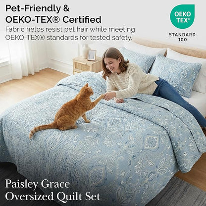 Southshore Fine Living, Inc. Boho Quilt Set, Lightweight Bedspread for Summer, Coverlet King Size, Paisley Bedding Set with Two Matching Pillow Shams, California King Quilts, Blue Paisley Quilt