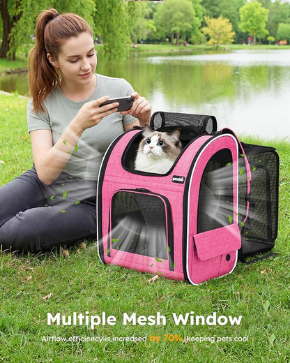 Pecute Cat Backpack Carrier Expandable, Pet Backpack for Cats & Small Dogs Up to 11lbs, with 4-Side Breathable Mesh, Multi-Entry & Lockable Zippers for Travel, Hiking, Camping - Hands Free, Pink
