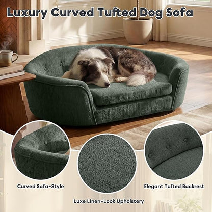 Dog Couch Bed with Oval Semi-Enclosed, Durable Linen Material Pet Sofa with Soft Foam Cushion, Dog Sofa Bed with Legs for Medium Dogs, Green