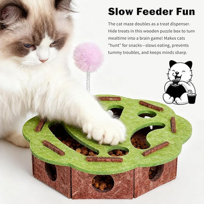 Interactive Cat Puzzle Toy for Indoor Cats, Felt Cat Puzzle Feeder Box with 3 Metal Balls and Wand. Cat Scratch Puzzle Enrichment Box for Self-Play & Encourages Hunting Instincts.