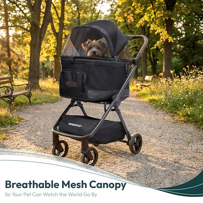 WonderFold Bella Pet Stroller - Autofold Design with Lightweight Aluminum Frame, Breathable Carriage Fabrics and Canopy, Safety Tethers & Easy-Clean Interior - Light Gray