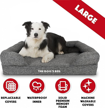 The Dog’s Bed Orthopedic Memory Foam Dog Bed with Bolsters for Large Dogs, Waterproof Washable Cover, Anti-Slip Base, Calming Surface – CertiPUR-Certified Foam, Largeinen Fabric, Grey Linen, Large