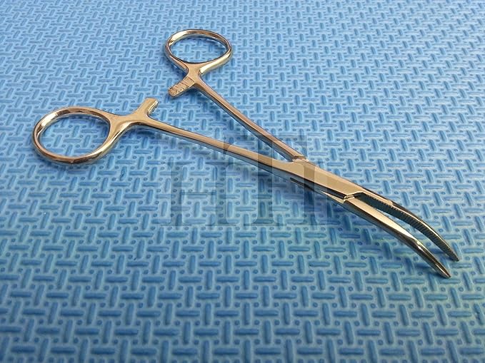 HTI Dog CAT PET Hair Puller Remover Stainless Steel Hemostat Locking Forceps 5.5" Curved Full Serrated (Silver)