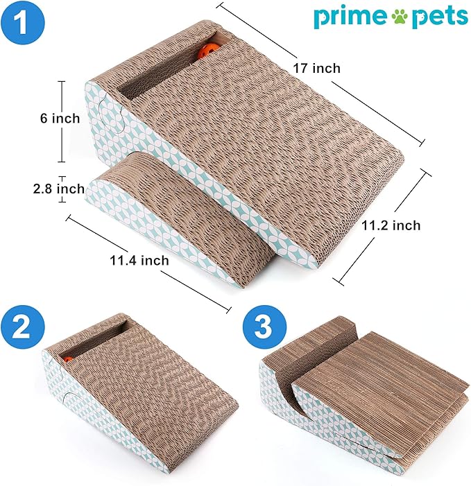 PrimePets Cat Scratcher Cardboard with Catnip, Removable Cat Scratching Pad with Ball, 2-in-1 Corrugated Cat Scratch Lounge Sofa