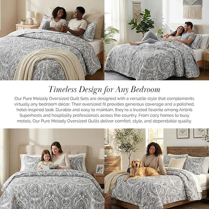 Southshore Fine Living, Inc. Boho King Quilt Set, Lightweight Bedspread, Summer Coverlet, 3-Piece Paisley Bedding Set with Two Matching Quilted Pillow Shams, California/King Quilts, Black