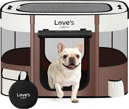 Love's cabin Pet Puppy Dog Playpen, Small Dog Tent Crates Cage Indoor/Outdoor, Portable Exercise Playpen for Cat, Foldable Pop Up Dog Kennel Playpen with Carring Case (S, Brown)