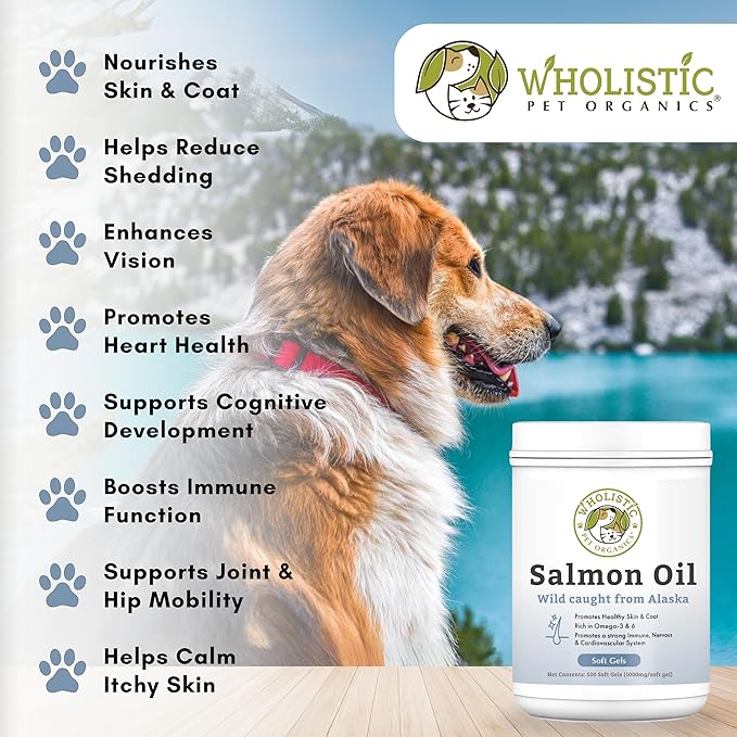 Wholistic Pet Organics Wild Alaskan Salmon Oil for Dogs and Cats - Omega 3 Fish Oil for Dogs & Cats - Cat & Dog Skin and Coat Supplement, Heart and Joint Health - DHA, EPA Omega 3 6 9-500 Soft Gels