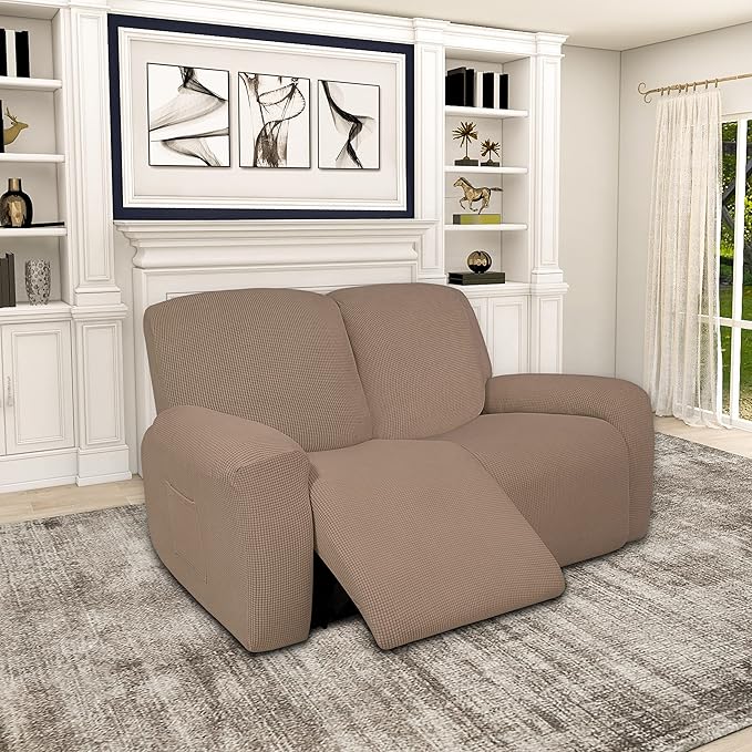Easy-Going 100% Dual Waterproof Recliner Loveseat Cover, 6-Pieces Stretch Relining Sofa Cover with Pocket, Jacquard 2 Seat Sofa Slipcover Leakproof Washable (Loveseat, Camel)