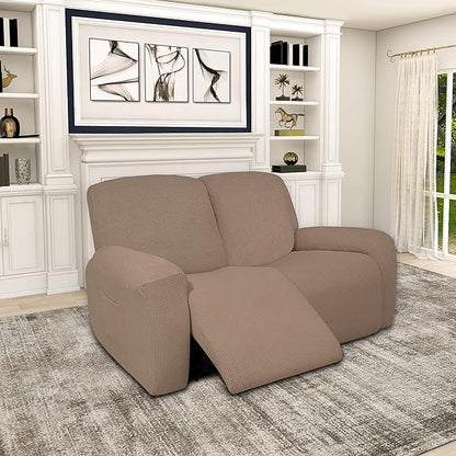 Easy-Going 100% Dual Waterproof Recliner Loveseat Cover, 6-Pieces Stretch Relining Sofa Cover with Pocket, Jacquard 2 Seat Sofa Slipcover Leakproof Washable (Loveseat, Camel)