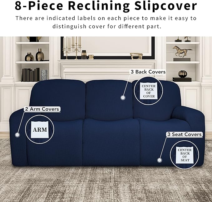 Easy-Going 100% Dual Waterproof Recliner Sofa Cover, 8-Pieces Stretch Relining Couch Cover with Pocket, Jacquard 3 Seat Sofa Slipcover Leakproof Washable (Sofa, Navy)