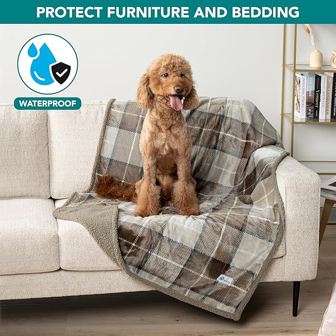 PetAmi Waterproof Dog Blanket for Medium Large XL Dog Puppy Cat Throw for Couch Cover Leakproof Protection, Sherpa Fleece, Reversible Soft Washable 80x60 Plaid Taupe