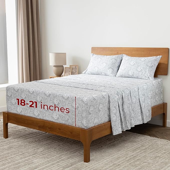Mellanni Extra Deep Queen Sheets - 4 PC Iconic Collection Bedding - Hotel Luxury, Ultra Soft, Cooling Bed Sheets - Wrinkle, Fade, Stain Resistant (Queen, Paisley Gray)