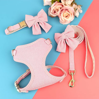Didog Cute Small Dog Harness Collar and Leash Set with Bowtie, Breathable Soft Mesh Padded Puppy Harness, Pink Dog Harness for Parties, Holiday Gatherings & Gifts, Pink, S