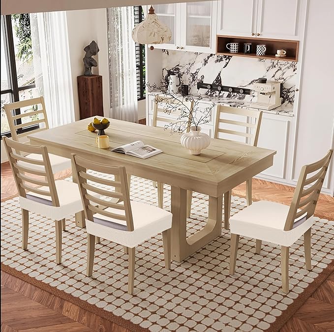 Smiry Waterproof Seat Covers for Dining Room Chairs Set of 6, Stretch Jacquard Removable Washable Chair Seat Slipcovers Protector, No Rear Covers, Beige
