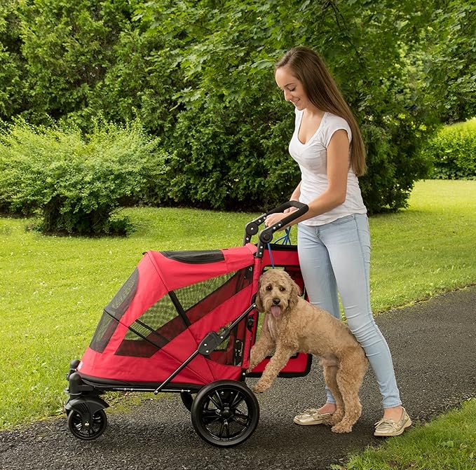 Pet Gear NO-Zip Pet Stroller with Dual Entry, Push Button Zipperless Entry for Single or Multiple Dogs/Cats, Pet Can Easily Walk in/Out, No Need to Lift Pet, Gel-Filled Tires