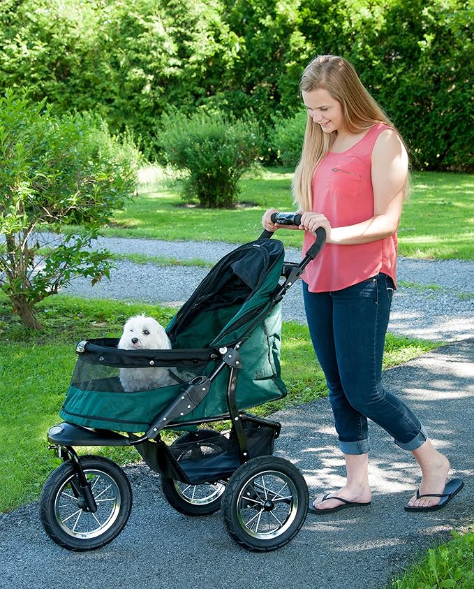 Pet Gear No-Zip Jogger Pet Stroller for Cats/Dogs, Zipperless Entry, Airless Tires, Easy One-Hand Fold, Cup Holder + Storage Basket, New Forest Green