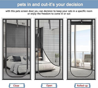 Reinforced Cat Screen Door,Fits Door Opening Size 38''x 82',Thickened Cat Resistant Mesh Screen Door for Living Room,Kitchen,Bedroom,Cat Proof Screen with Zipper Closure.