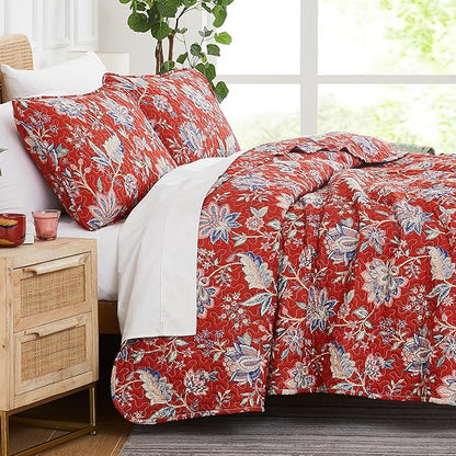 Southshore Fine Living, Inc. Oversized King Quilt Bedding Set, Jacobean Willow Floral Quilt Set with 2 Matching Pillow Shams, Lightweight California King Bed Spread, Soft Microfiber Fabric, Red