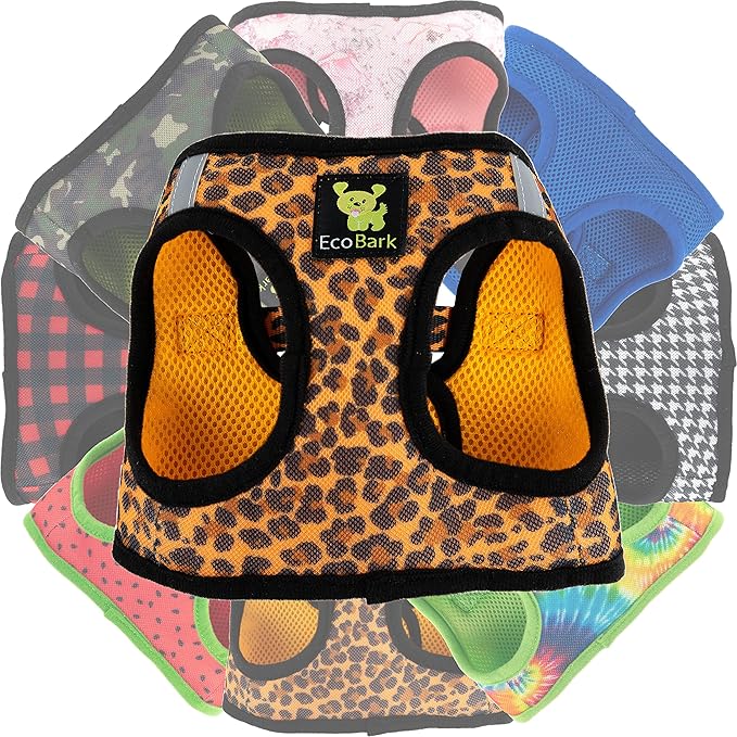 EcoBark Step in Dog Harness - Eco-Friendly Teacup Dog Harnesses for XXS, XS, and Small Dogs - Reflective and Adjustable Mini Body Halter Vest -Tiny Soft Mesh Harness Under 5 lbs (Leopard, XXXS)